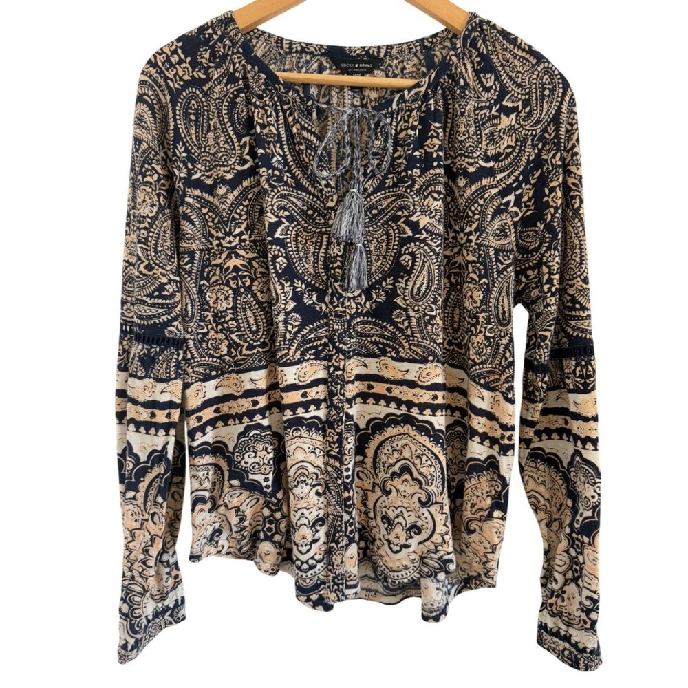 Lucky Brand Navy & Beige Paisley Print Peasant Boho Blouse Size M Cozy Romantic